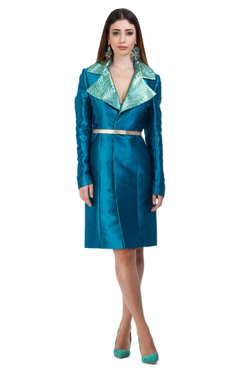 Blue-turquoise jacquard blazer with a zebra accent